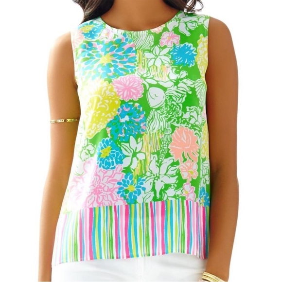 Lilly Pulitzer Iona Button Back Silk Tank Top Pink Green Hibiscus Stroll Floral - Picture 10 of 10